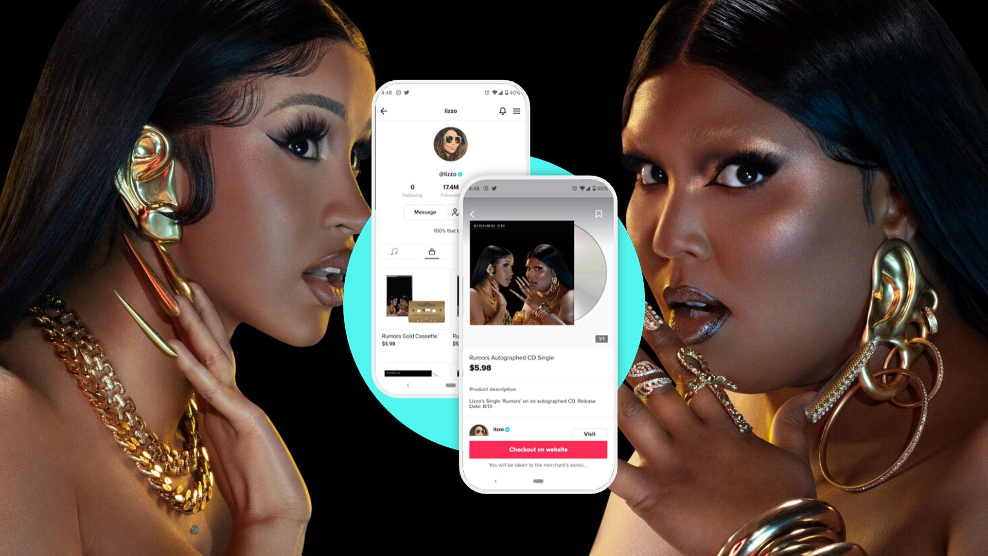 Lizzo behind two phones displaying her TikTok Shopping page